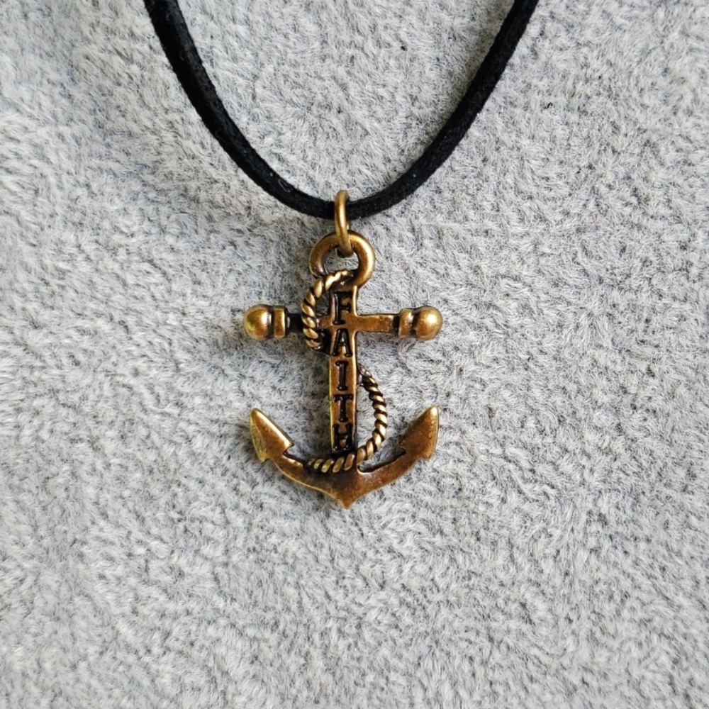 Mens Faith brass anchor charm black suede necklace - Picture 3 of 4